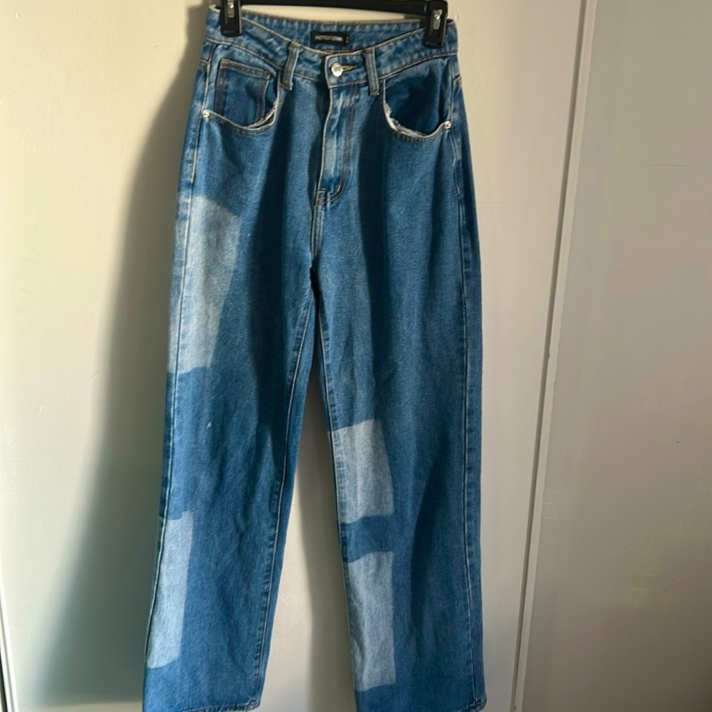 Pretty Little Thing Color Block Wide Leg High Rise Denim Jean - Picture 1 of 7